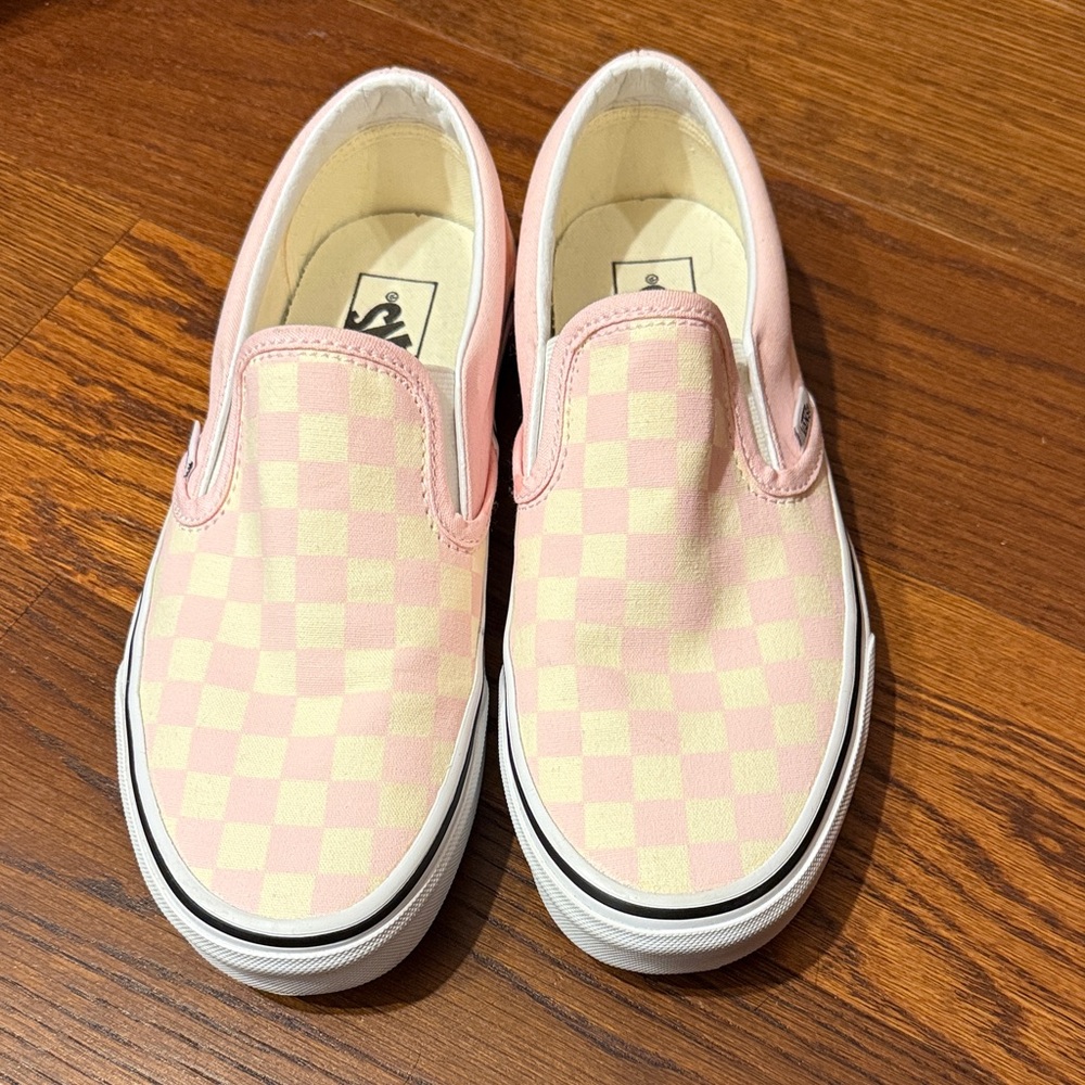 Pink and off white checkered slip on vans
